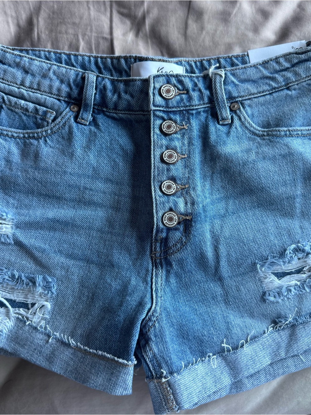 KanCan Light Blue Button-Fly Distressed Denim Shorts